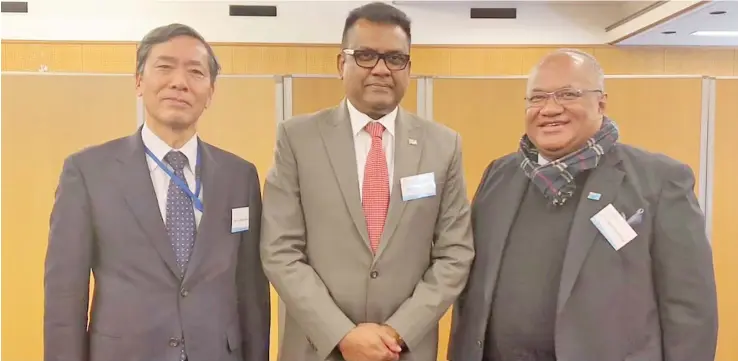  ??  ?? From Left: Toshihisa Takata, Ambassador for the Pacific Island Region with Permanent Secretary, Office of the Prime Minister and Acting Permanent Secretary for Foreign Affairs, Yogesh Karan and Fiji’s Ambassador to Japan Isikeli Mataitoga at the Senior Officials’ Meeting for the 9th Pacific Islands Leaders Meeting (SOM9) in Japan.