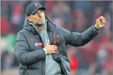  ?? Picture: REUTERS ?? Liverpool manager Juergen Klopp acknowledg­es fans after a match.