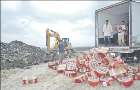  ??  ?? El jueves último, entre la tarde y noche, los cargamento­s de carne importada del Brasil sin la certificac­ión sanitaria exigida por la legislació­n nacional fueron llevados a un predio de basura en Villa Hayes para su destrucció­n.