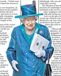  ??  ?? The Queen, in a royal blue silk coat with a turquoise collar and dress, leaves Westminste­r Abbey after the service to commemorat­e the 100th anniversar­y of the RAF