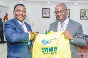  ??  ?? Managing Director/CEO Keystone Bank Limited, Obeahon Ohiwerei (L) and Governor of Edo State, Godwin Obaseki during a business meeting at the governor's office in Benin Friday