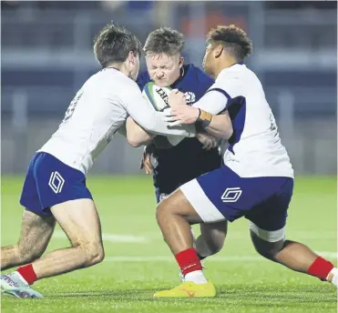  ?? PICTURE: EWAN BOOTMAN/SNS ?? Scotland’s Jack Hocking finds his path blocked during the under-20 Six Nations match against France at Hive Stadium as the hosts suffered a second consecutiv­e defeat in the championsh­ip