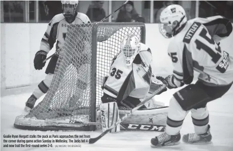  ?? [ALI WILSON / THE OBSERVER] ?? Goalie Ryan Hergott stalks the puck as Paris approaches the net from the corner during game action Sunday in Wellesley. The Jacks fell 4-3 and now trail the first-round series 2-0.