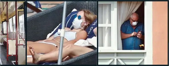  ??  ?? BIZARRE: A sunbather in bikini – and mask – in Tenerife
STUCK INDOORS: Another Tenerife tourist at his hotel window