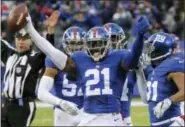  ?? BILL KOSTROUN — THE ASSOCIATED PRESS FILE ?? In this file photo, Giants strong safety Landon Collins (21) celebrates after intercepti­ng a pass by the Bears. In 2016, Collins went from one of the NFL’s most promising young defensive players to one of its best.