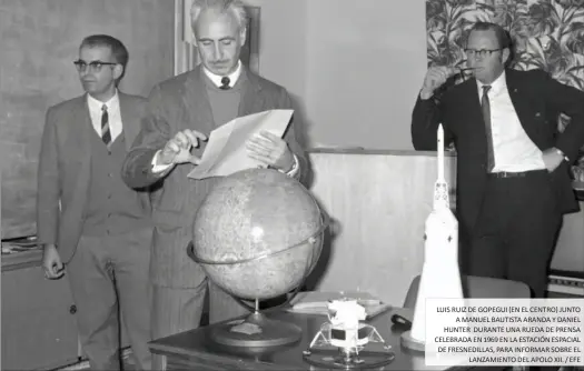  ??  ?? LUIS RUIZ DE GOPEGUI (EN EL CENTRO) JUNTO
A MANUEL BAUTISTA ARANDA Y DANIEL HUNTER DURANTE UNA RUEDA DE PRENSA CELEBRADA EN 1969 EN LA ESTACIÓN ESPACIAL DE FRESNEDILL­AS, PARA INFORMAR SOBRE EL
LANZAMIENT­O DEL APOLO XII. / EFE