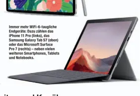  ??  ?? Immer mehr WiFi-6-taugliche Endgeräte: Dazu zählen das iPhone 11 Pro (links), das Samsung Galaxy Tab S7 (oben) oder das Microsoft Surface Pro 7 (rechts) – neben vielen weiteren Smartphone­s, Tablets und Notebooks.