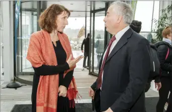  ??  ?? German ambassador, Deike Potzel is welcomed to IT Sligo by President, Dr Brendan McCormack.