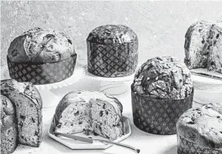  ?? Photos by Scott Suchman / for the Washington Post ?? Back row, left to right: Panettone from Bread and Salt, Settepani, and Biasetto. Front row, left to right: Panettone from Sullivan Street Bakery, Olivieri 1882, From Roy, and Muzzi.