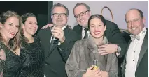  ??  ?? PARTYTIME Katerine Rocheleau, Chantal Labrie, FX Sauvé, National Bank Financial senior vice-president Guy Côté, Audrey Rocheleau (modelling a Holt Renfrew fur) and Jean Francois Gauvin enjoy the eve’s Quartz vodka and great company at the 2015 Lise...