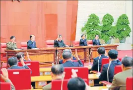  ?? REUTERS ?? Kim Jong Un speaks during the second plenum of the central committee of the Workers' Party of Korea at the Kumsusan Palace of the Sun, Pyongyang, in a photo released on Sunday.