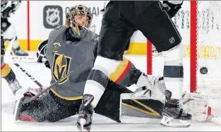  ?? AP PHOTO ?? In this April 11, 2018, file photo, Vegas Golden Knights goaltender Marc-andre Fleury, left, blocks a shot next to Los Angeles Kings left wing Tanner Pearson during the third period of Game 1 of an NHL hockey first-round playoff series in Las Vegas....