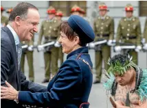  ?? PHOTO: FAIRFAX NZ ?? New Governor-General Dame Patsy Reddy is greeted by Prime Minister John Key at Parliament yesterday.