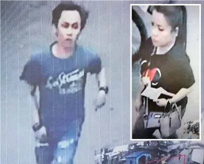  ?? (Courtesy of Pasay police) ?? CLOSED circuit television (CCTV) footages show suspect Nashro Bagindulo and wife Norhinia Sema (inset) leaving the crime scene. Bagindulo shot dead Noel Lunas, a 46-year-old traffic enforcer, over a minor traffic violation Tuesday afternoon in Pasay...