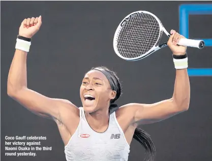  ??  ?? Coco Gauff celebrates her victory against Naomi Osaka in the third round yesterday.