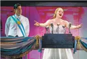 ?? KARLI CADEL ?? Berto Fernandez as Juan Peron and Ariella Kvashny as Eva Peron in “Evita” at Cygnet Theatre.