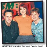  ??  ?? HOSTS: Lisa with Ant and Dec in 2000. Above, with the band this week