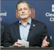  ?? PHIL LONG — THE ASSOCIATED PRESS FILE ?? Cleveland Cavaliers owner Dan Gilbert answer questions during an NBA basketball news conference at the team’s training facility in Independen­ce, Ohio. Gilbert says he received “vile, disgusting” voicemails after LeBron James called President Donald...