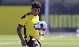  ??  ?? Jadon Sancho pictured in training with Borussia Dortmund last week. The club’s sporting director has said the England internatio­nal will not join Manchester United this summer. Photograph: Friedemann Vogel/EPA