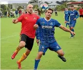  ?? PHOTO: WAREHAM SPORTS MEDIA ?? Micky Malivuk (Stop Out) and Josh Stevenson (Napier City Rovers) challenge for the ball at Hutt Park.