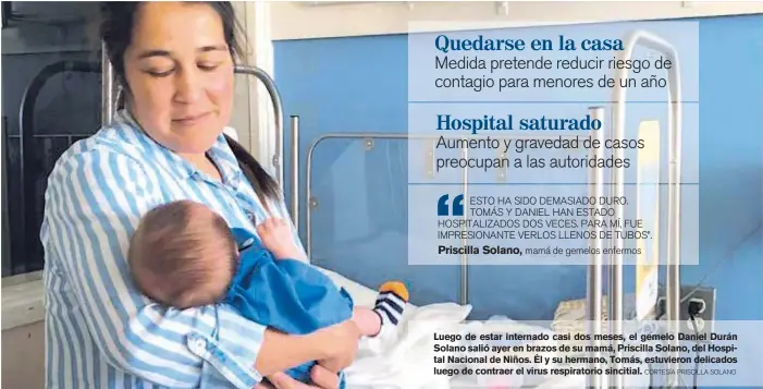  ?? CORTESÍA PRISCILLA SOLANO ?? Luego de estar internado casi dos meses, el gemelo Daniel Durán Solano salió ayer en brazos de su mamá, Priscilla Solano, del Hospital Nacional de Niños. Él y su hermano, Tomás, estuvieron delicados luego de contraer el virus respirator­io sincitial.