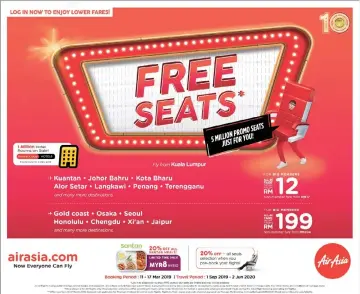  ??  ?? AirAsia Free Seats is back with five million promotiona­l seats, discounts for hotels, add-ons and duty-free products.