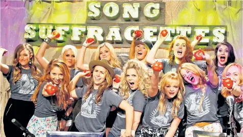  ?? SONG SUFFRAGETT­ES ?? Song Suffragett­es First Anniversar­y Celebratio­n gets a little feisty when the “tomatoes” get ahold of some real tomatoes: ( Back Row:) Alex Masters, Brit Willson, Morgan Dawson, Julia Cole, Maddy Newton, Mignon Grabois; ( Front Row:) Kalie Shorr,...