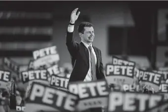  ?? Hyoung Chang, The Denver Post ?? Former South Bend, Ind., Mayor Pete Buttigieg addresses an estimated 8,500 at the Crowne Plaza Denver Airport Convention Center on Saturday night.