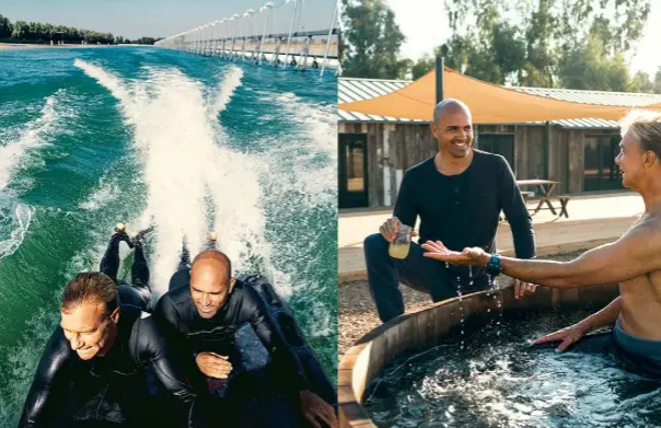  ??  ?? Above left: Slater and his friend and fellow pro Keoni Watson ride a jet ski-pulled sled to where the waves break in the WSL pool. Right: Slater with a post-surf margarita in hand, talks to Watson relaxing in the hot tub