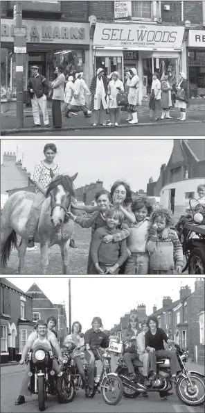  ??  ?? From top, workers queue for a bus in August 1979; Shirley on Tommy, Julie, Isaac, Davie, Billie and Robbie in 1976; youngsters pose with motorbikes in Gordon Street in July 1979.