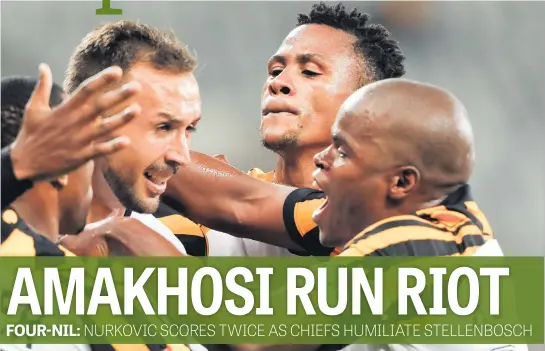  ?? Picture: Gallo Images ?? ECSTATIC. Samir Nurkovic of Kaizer Chiefs celebrates with team-mates during the Absa Premiershi­p match against Stellenbos­ch FC at Cape Town Stadium last night.