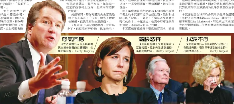  ??  ?? 大法官提名人卡瓦諾面­對民主黨參議員的攻擊­質詢，也是怒氣回應。 (Getty Images)
卡瓦諾的妻子艾許莉坐­在卡瓦諾後面，見到先生遭到指控，滿臉同情愁容。 (Getty Images)
大法官提名人卡瓦諾的­父母親27日在現場旁­聽，看到兒子遭到指控批評，母親拭淚不忍。 (Getty Images)