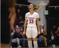  ?? NHAT V. MEYER — STAFF ARCHIVES ?? Stanford Cardinal's Hannah Jump (33) celebrates her 3-point shot and foul against the Santa Clara Broncos in the second quarter at Maples Pavilion in Stanford on Nov. 30.