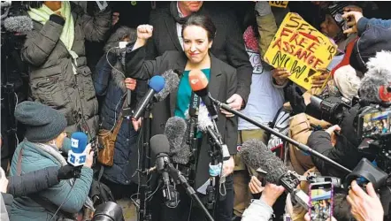  ?? LEON NEAL GETTY IMAGES ?? Stella Moris, Julian Assange’s partner, speaks to the media outside the Central Criminal Court in London after a judge blocked the extraditio­n of Assange to the U.S. to face trial. The judge said the WikiLeaks founder would be at high risk of suicide.