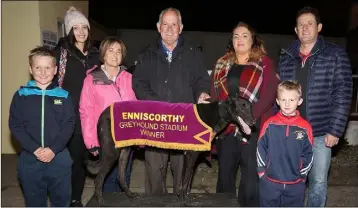  ??  ?? Eugene Crosbie, owner of ‘Pros Fancy’, pictured with Deirdre Newe, AIB Bank; Myles Roban, Enniscorth­y Chamber; Lorna, Rhys and Rhian O’Gorman and Rachel Doyle.