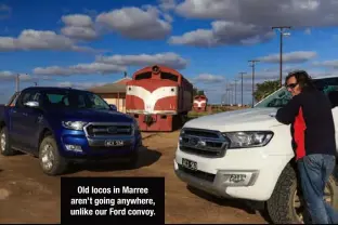  ??  ?? Old locos in Marree aren’t going anywhere, unlike our Ford convoy.