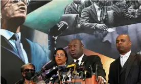  ?? February. Photograph: Timothy A Clary/AFP/Getty Images ?? Attorney Ben Crump, joined by the daughters of Malcolm X, Ilyasah Shabazzv and Malaak Shabazz, speaks at the Malcolm X and Dr Betty Shabazz memorial center in New York on 21