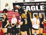  ?? MARK HUMPHREY ENTERPRISE-LEADER ?? Gravette coach Britney Davis protests a call during the Lady Lion’ Tuesday, Oct. 22 quarterfin­al loss to Shiloh Christian (22-25, 22-25, 25-23,18-25) during 4A-1 District volleyball tournament play at Huntsville.