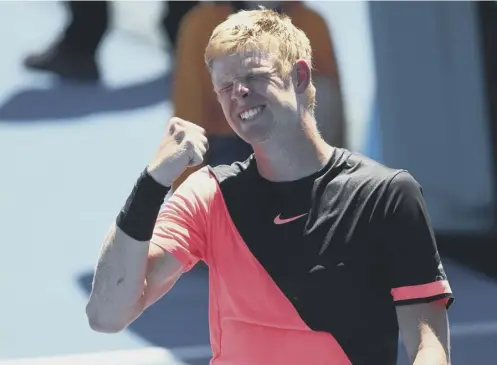  ??  ?? Kyle Edmund celebrates his five-set victory over Nikoloz Basilashvi­li in the third round of the Australian Open yesterday.