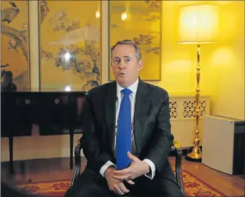  ?? Picture: REUTERS ?? POST-BREXIT TALKS: Britain’s Internatio­nal Trade Secretary Liam Fox speaks during an interview at the residence of the British embassy in Beijing, China
