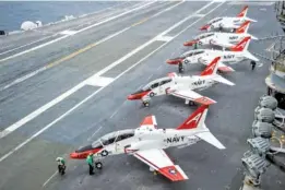  ?? ASSOCIATED PRESS FILE PHOTO BY PETTY OFFICER 2ND CLASS BRYAN MAI/U.S. NAVY ?? T-45C Goshawks from Training Air Wing One wait on the flight deck of the aircraft carrier USS George Washington docked in Norfolk, Va., in 2016.