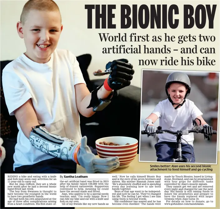  ??  ?? Smiles better: Alan uses his second bionic attachment to feed himself and go cycling