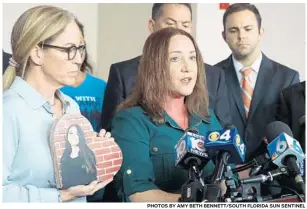  ?? PHOTOS BY AMY BETH BENNETT/SOUTH FLORIDA SUN SENTINEL ?? Lori Alhadeff, mother of MSD victim Alyssa Alhadeff, speaks at the BB&T Center in Sunrise Wednesday.