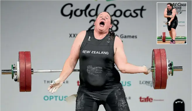  ?? PHOTO: GETTY IMAGES ?? Laurel Hubbard reacts after damaging her elbow while attempting a lift in the women’s +90kg final at the Commonweal­th Games on the Gold Coast yesterday.