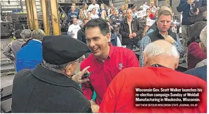  ?? MATTHEW DEFOUR/ WISCONSIN STATE JOURNAL VIA AP ?? Wisconsin Gov. ScottWalke­r launches his re- election campaign Sunday atWeldall Manufactur­ing inWaukesha, Wisconsin.