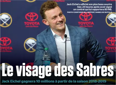  ?? PHOTO COURTOISIE BILL WIPPERT, SABRES DE BUFFALO ?? Jack Eichel a affiché son plus beau sourire hier, 24 heures après avoir signé un contrat qui lui rapportera 80 M$.