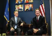  ?? AL DRAGO/ THE NEWYORK TIMES ?? Supreme Court nominee Judge Brett Kavanaugh (right) talkswith Sen. James Lankford (R-Okla.) in the senator’s CapitolHil­l office on Thursday. A2011 ruling by Kavanaugh is being cited by a Russian firmindict­ed in the Russian electionme­ddling probe.