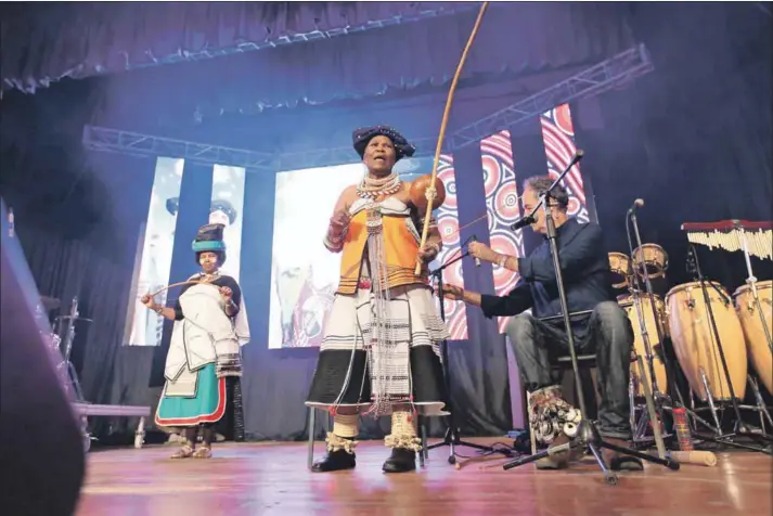  ??  ?? Legend: Madosini (above centre), the queen of indigenous music, plays traditiona­l instrument­s such as the uhadi and umhrubhe bows