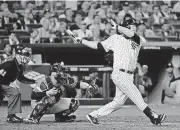  ?? [AP PHOTO] ?? Third baseman Chase Headley hits a double during the sixth inning of Game 5 of baseball’s American League Championsh­ip Series against the Houston Astros on Oct. 18 in New York. Headley and pitcher Bryan Mitchell were traded to the San Diego Padres on...