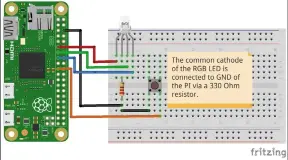  ??  ?? The circuit diagram for this project is relatively easy to build. Notice that we’ve replaced three separate LEDs with one RGB LED.